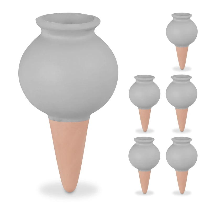 Relaxdays Watering Cones, Set of 6, Fill Up with Water, Round Design, Clay, Irrigation for Houseplants, Terracotta/Grey