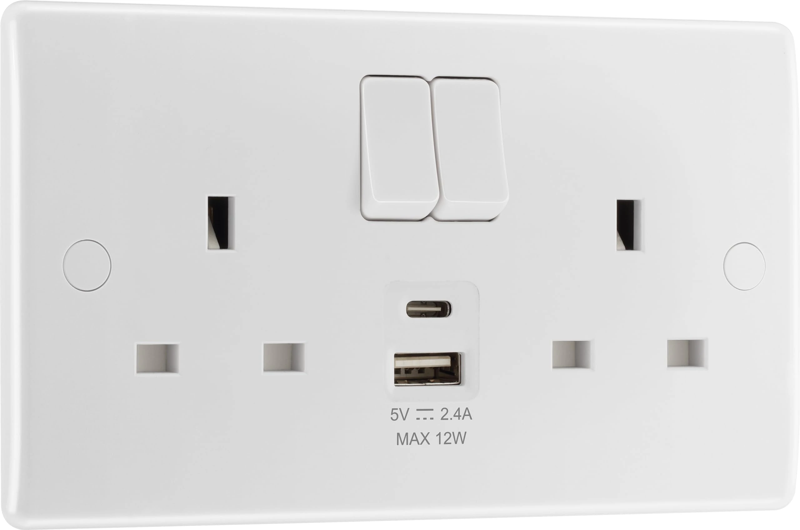 BG Electrical 12W Double Switched Power Plug Socket Socket with Two Type A USB Charging Ports, Round Edge, Nexus 800 Series, White Moulded, 13A, 822UAC12