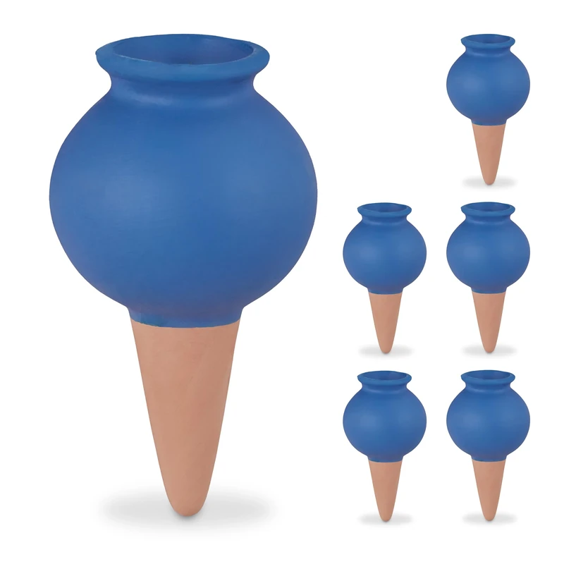 Relaxdays Clay Cone Set of 6, Houseplants & Flowerbeds, Automatic Watering, Ceramic, Vacation & Office, Blue/Terracotta, 12 x 6 cm