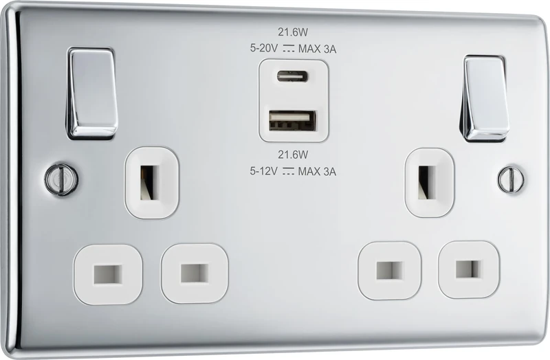 BG Electrical 22W Double Switched Wall Plug Socket with Fast Charge Type A & C USB Charging Ports, Nexus Metal, Polished Chrome, Black Inserts, 13A, NPC22UAC22B