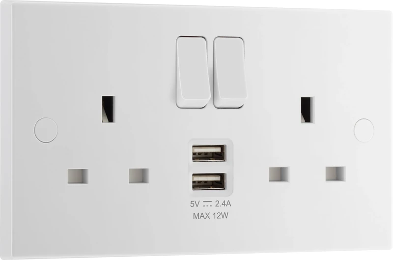BG Electrical Double Switched Power Socket with Two Type A USB Charging Ports, 13 Amp, 12 Watts, White Moulded, Square Edge