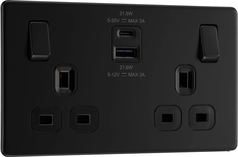 BG Electrical 22W Double Switched Power Wall Plug Socket with Fast Charge Type A and C USB Ports, Screwless, Flatplate, Matt Black, 13A, FFB22UAC22B