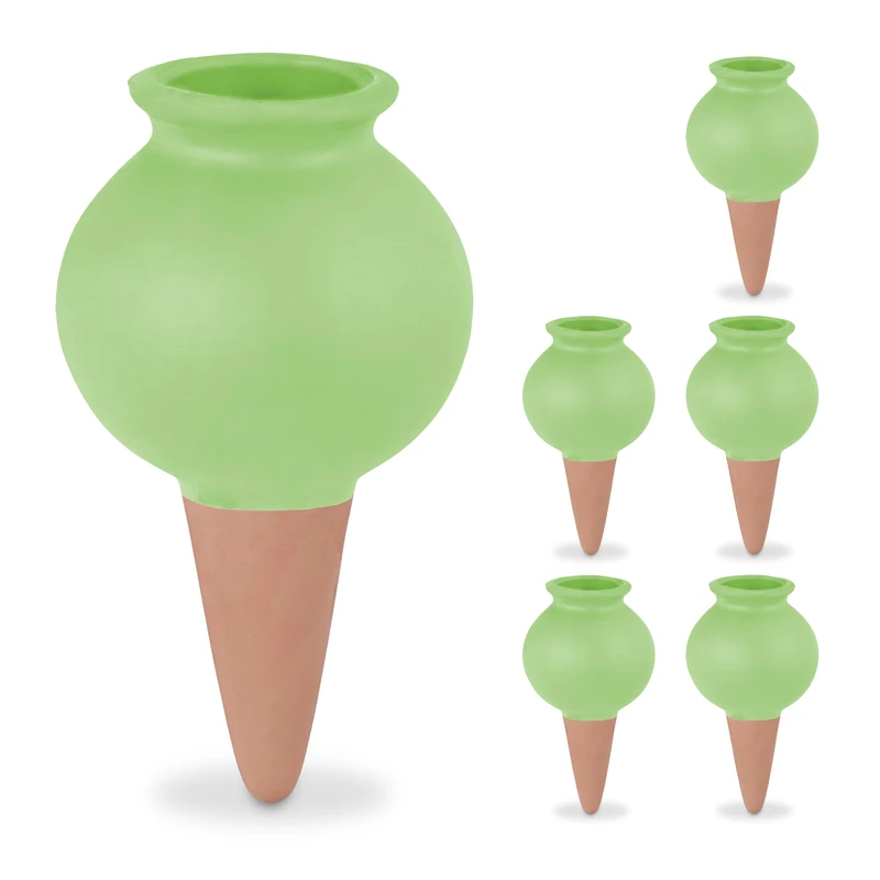 Relaxdays Cones, Set of 6, Fill Up with Water, Round Design, Clay, Irrigation for Houseplants, Terracotta/Green, Ceramics, 12 x 6 cm
