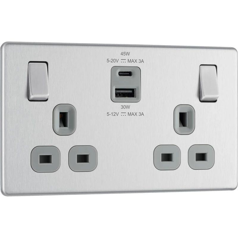 BG Electrical 45W Double Switched Power Wall Plug Socket with Super Fast Charge Type A and C USB Ports, Screwless, Flatplate, Brushed Steel, Grey Inserts, 13A, FBS22UAC45G
