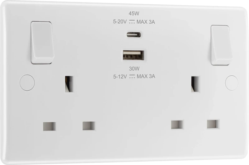 BG Electrical 45W Double Switched Power Wall Plug Socket with Super Fast Charge Type A & C USB Charging Ports, Round Edge, Nexus 800 Series, White Moulded, 13A, 822UAC45