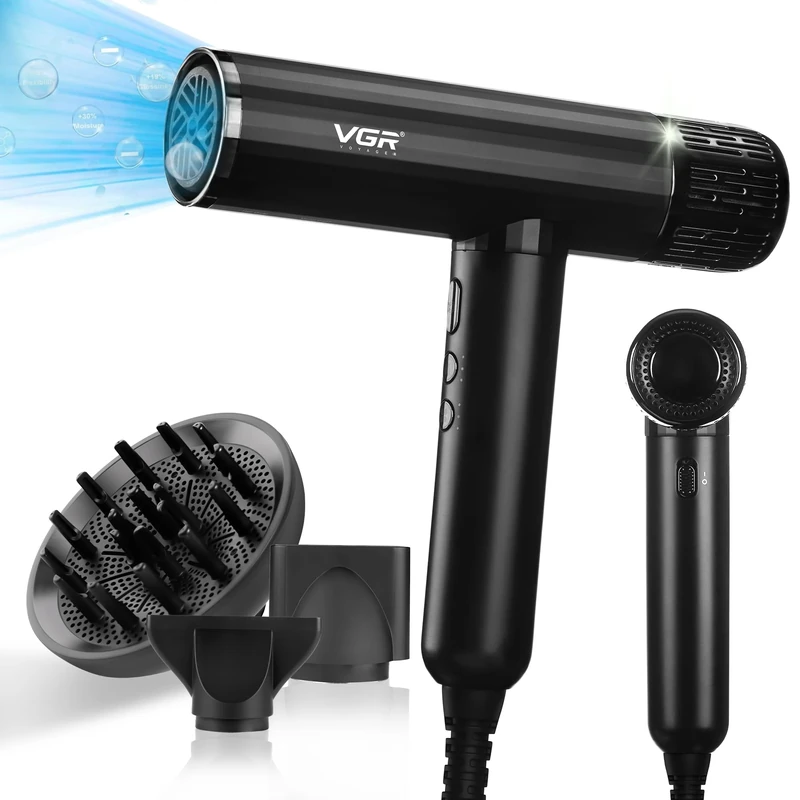 VGR Professional Hair Dryer - High Speed Powerful Brushless 11000 RPM - Fast Dry Negative Ionic - Lightweight Blow Hairdryer with Diffuser for Curly Hair and Nozzle - Quiet Low Noise