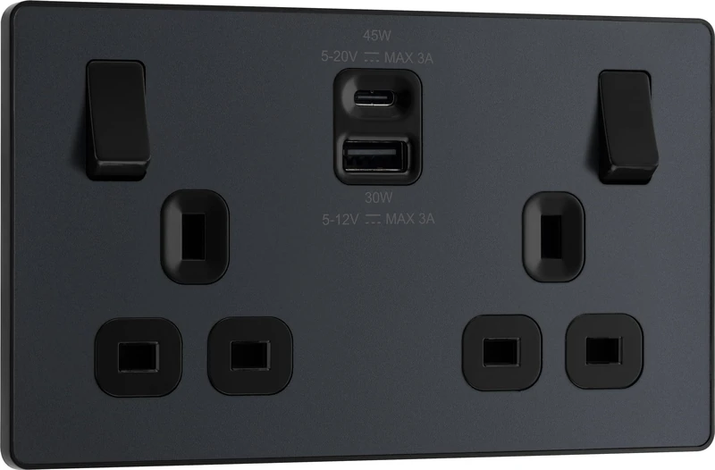 BG Electrical 45W Double Switched Power Wall Plug Socket with Super Fast Charge Type A and Type C USB Charging Ports, Evolve, Matt Grey, 13A, PCDMG22UAC45B