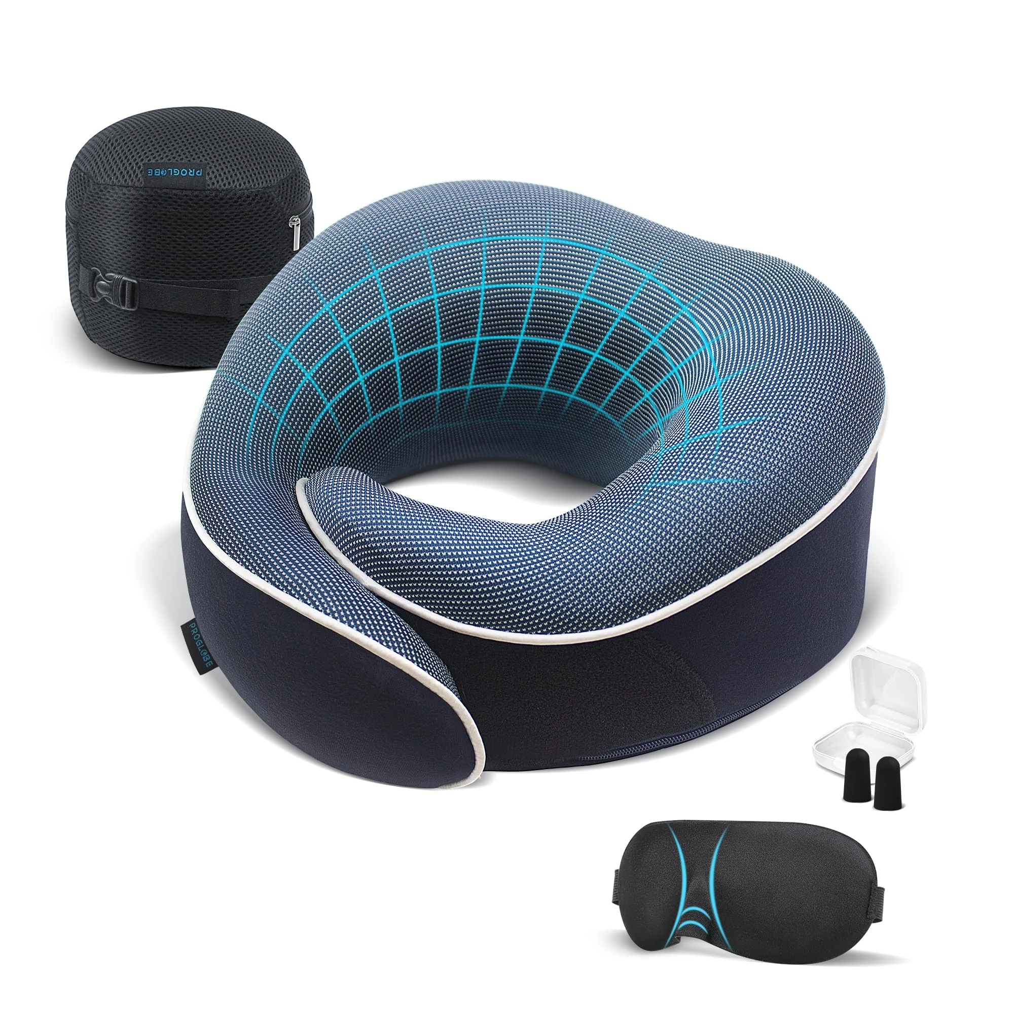 Proglobe Travel Pillow, Memory Foam Neck Pillow Set, Orthopedic Pillow, Travel Essentials for Flying, Kit with 3D Contoured Sleep Mask, Earplugs and Luxury Mesh Bag (Blue)