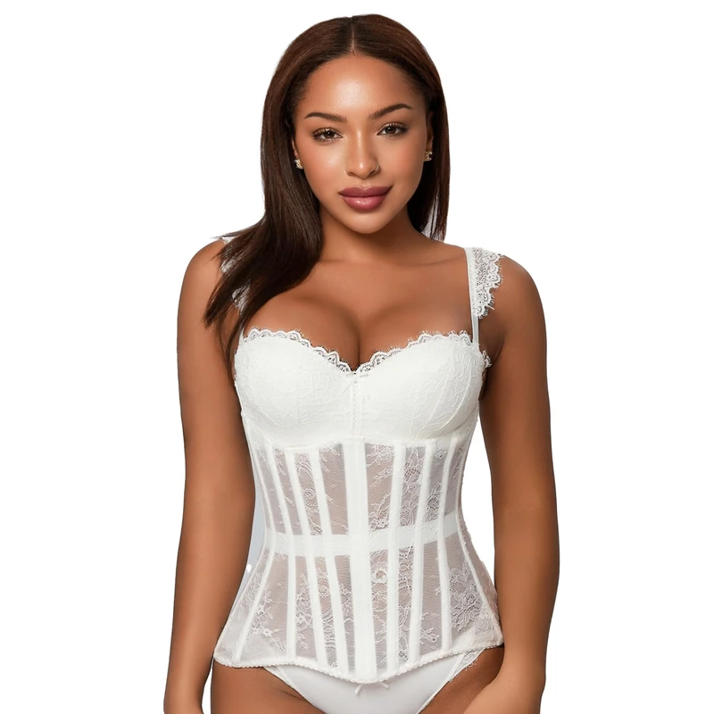 Mesh Corset Waist Trainer for Women - Underbust Corset Lace Up - Waist Cincher Shapewear - Body Shaper, White Lace, Large