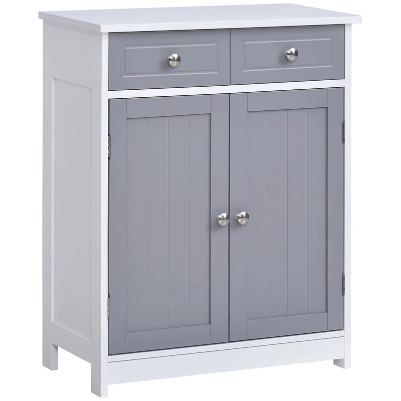 kleankin Bathroom Cabinet, Storage Unit with 2 Drawers, Double Door Cupboard and Adjustable Shelf, Bathroom Cabinet, Living Room, Bedroom, 60 x 30 x 75 cm, White and Grey