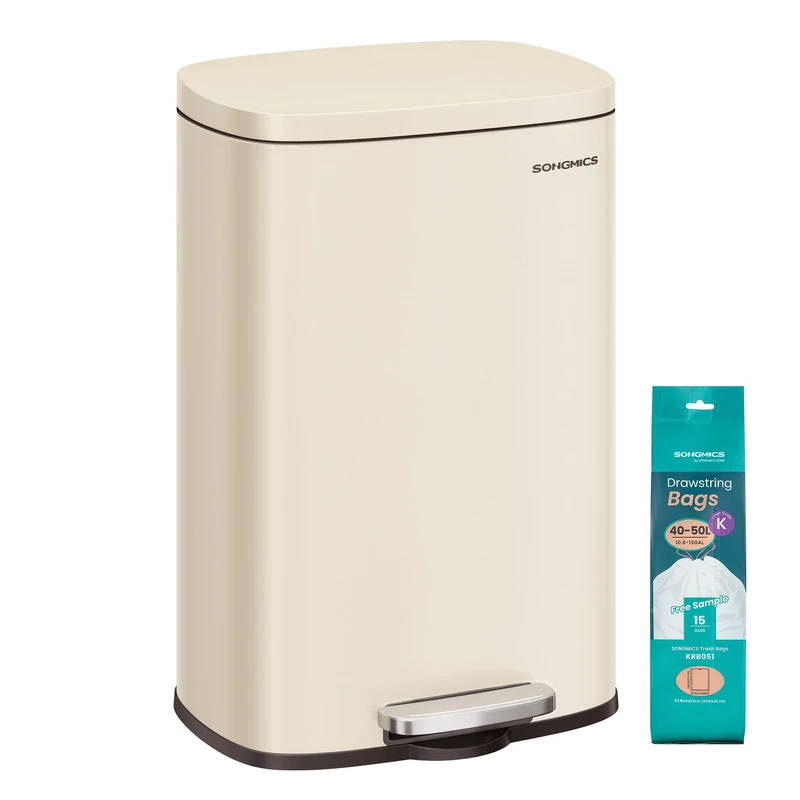 SONGMICS Kitchen Bin 13 Gallon (50 L), Pedal Bin for Kitchen, Rubbish Bin, Soft Close, Step-On Pedal, Steel, Inner Bucket, Sand Beige LTB050A02