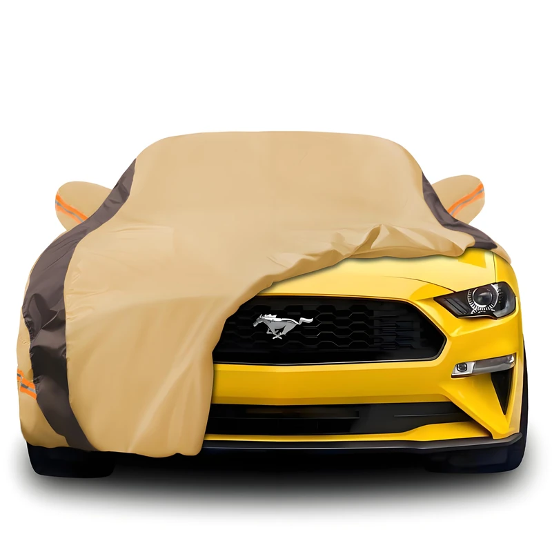 FSGRICH Mustang Car Cover Waterproof All Weather Compatible with Mustang 2007-2024 GT Cobra Shelby Bullitt, Outdoor Anti-UV Sun Rain Protection Full Exterior Cover (Camel with Brown)