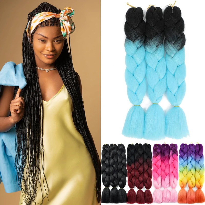 Yamel Ombre Synthetic Braiding Hair 24in Black to Light Blue - 3 Pack