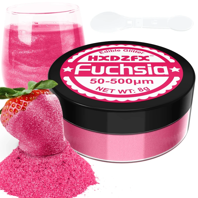 Fuchsia Edible Glitter - 100% Edible Glitter for Drinks, Cake Decorations, Chocolates, Muffins, Cocktail, Candy, Cream, etc. Fuchsia Food Colouring Powder (8g)