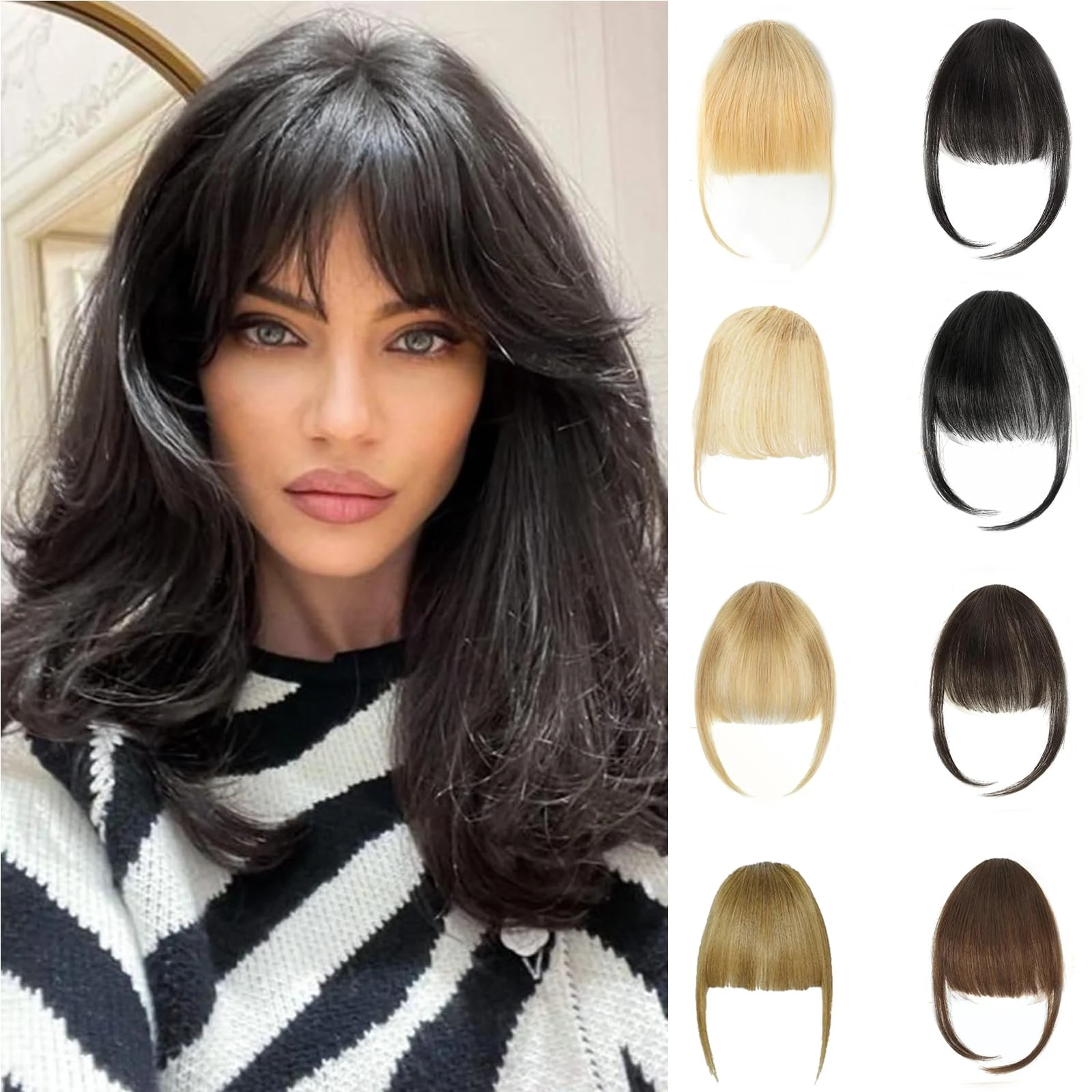 Alaleibaby Clip In Fringe Bangs Black 100% Real Human Hair Bangs Clip in Hair Extensions Natural curved French bangs With Temples Short Hairpieces Natural Curved French Bangs