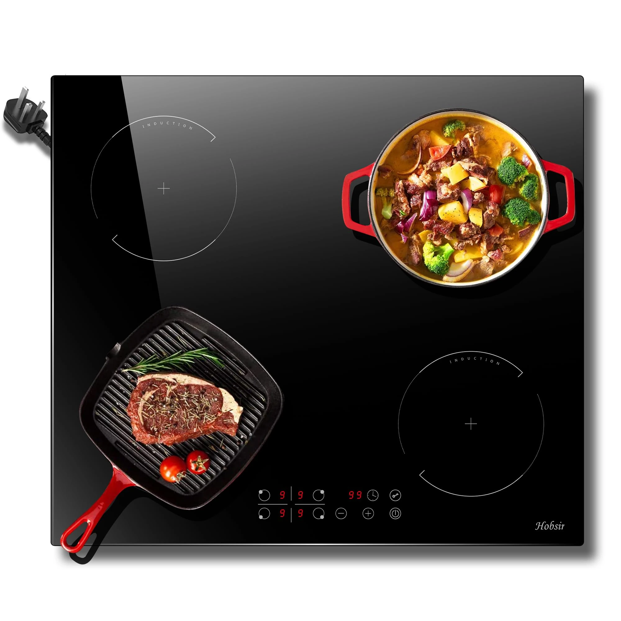Hobsir Induction Hob, Induction Cooker Plug in Hob Electric Hobs 4 Burners 60cm Bulit-in 2800W, Touch control, Timer, Child-Safety Lock, with 13 Amp, Black Glass Design