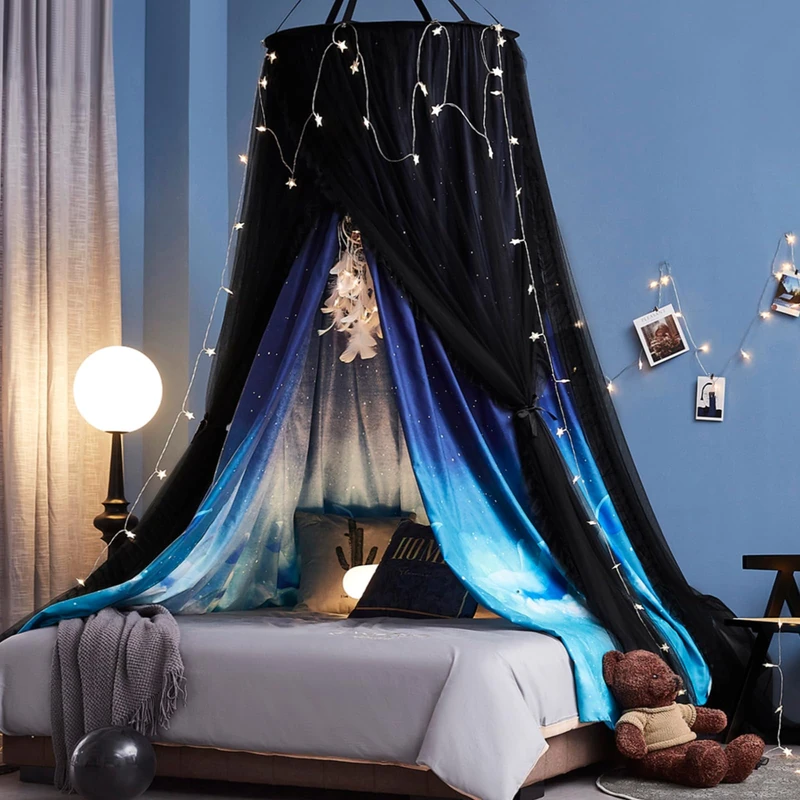 Kertnic Gorgeous Dolphin Printed Bed Canopy for Girls & Adults, Room Decorative Cozy Bed Curtain Canopy Drapes, Round Dome Luxurious Lace Princess Canopies Mosquito Netting (Dolphin)