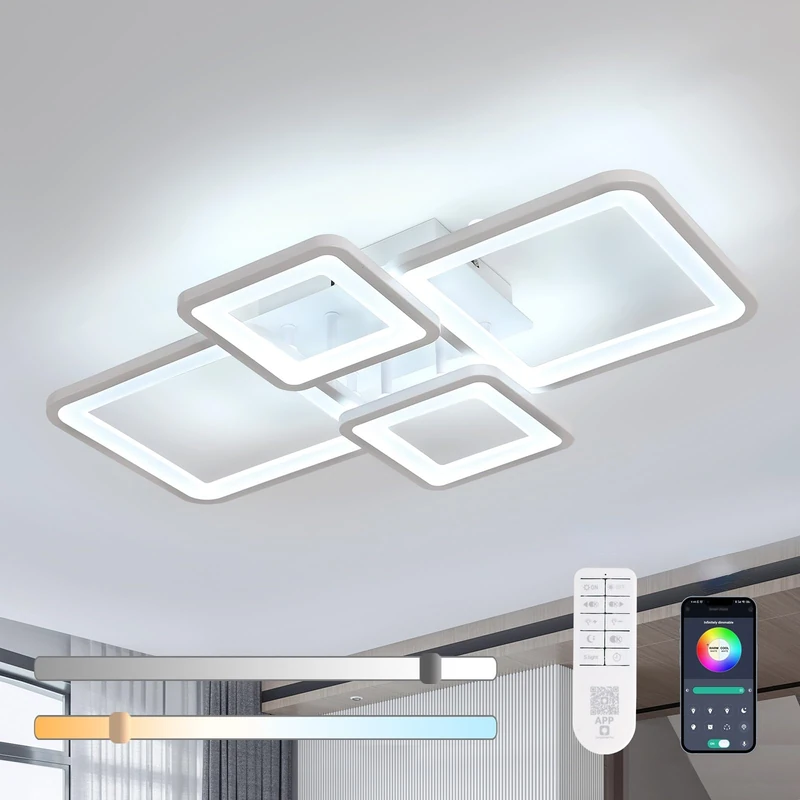 Mckalen LED Ceiling Light Dimmable 62CM, 54W 6075LM LED Ceiling Lighting with Remote Control/APP, 3000K-6500K, Modern Square Acrylic Ceiling Lights for Living Room Bedroom Dining Room Kitchen, White