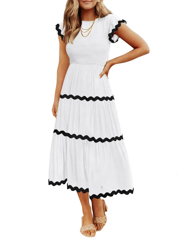 ZESICA Women's Summer Flutter Short Sleeve Smocked Midi Dress Casual High Waist Rickrack Tiered Flowy Dresses, White, M - Image 1