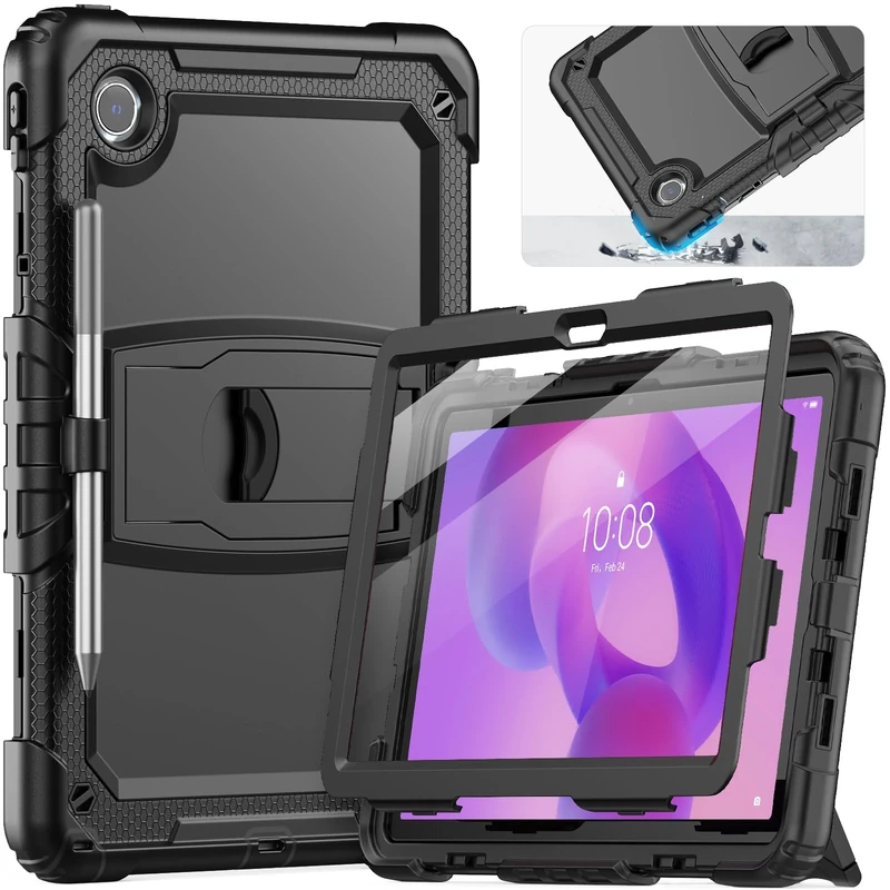 SEYMCY Shockproof Case for Lenovo Idea Tab 11 inch 2025/ Tab M11/ K11 11" 2024, Full-body Protection Case with Screen Protector, Built-in Folding Stand, Pencil Holder, Black