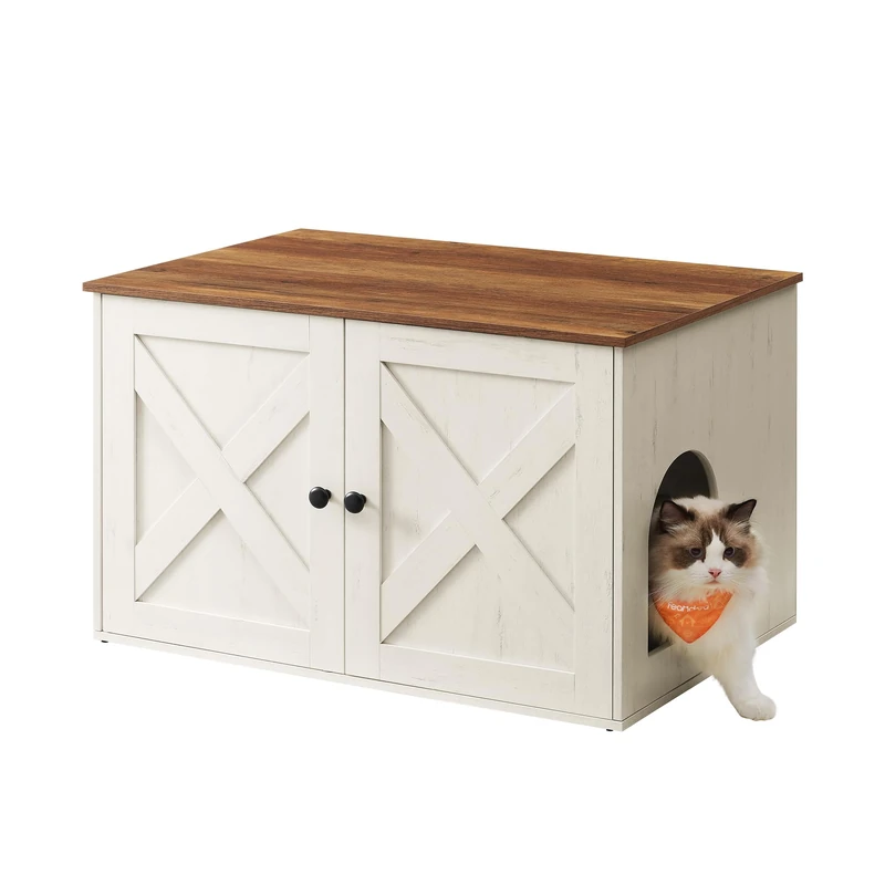Feandrea Cat Litter Box Enclosure, Hidden Litter Box Furniture with Removable Divider, End Table, Indoor Cat House, 80 x 53 x 50 cm, Honey Brown and Rustic White PCL002P01V1