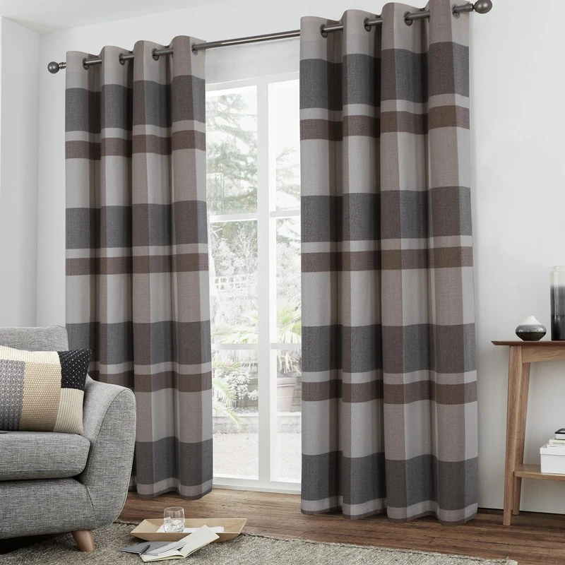 always4u Beige Grey Plaid Curtains Farmhouse Window Curtains Highland Woolen Look Grommet Drapes for Living Room Bedroom 2 Panels 45 * 95 Inches