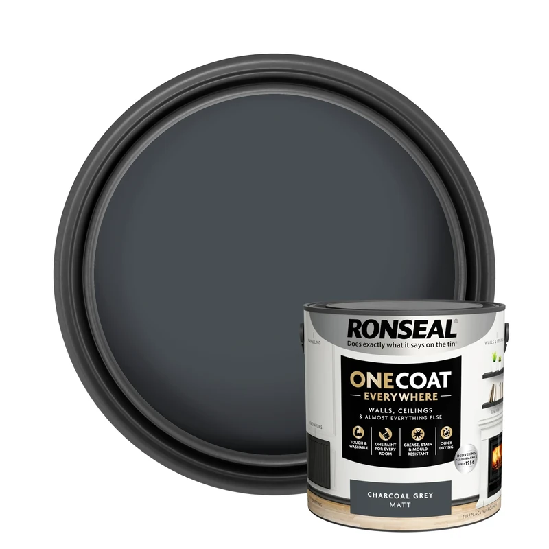 Ronseal One Coat Everywhere Paint Charcoal Grey Matt 2.5L – Durable Interior Paint for Walls & Ceilings Smooth Finish Quick Coverage Ideal for Easy Home Projects