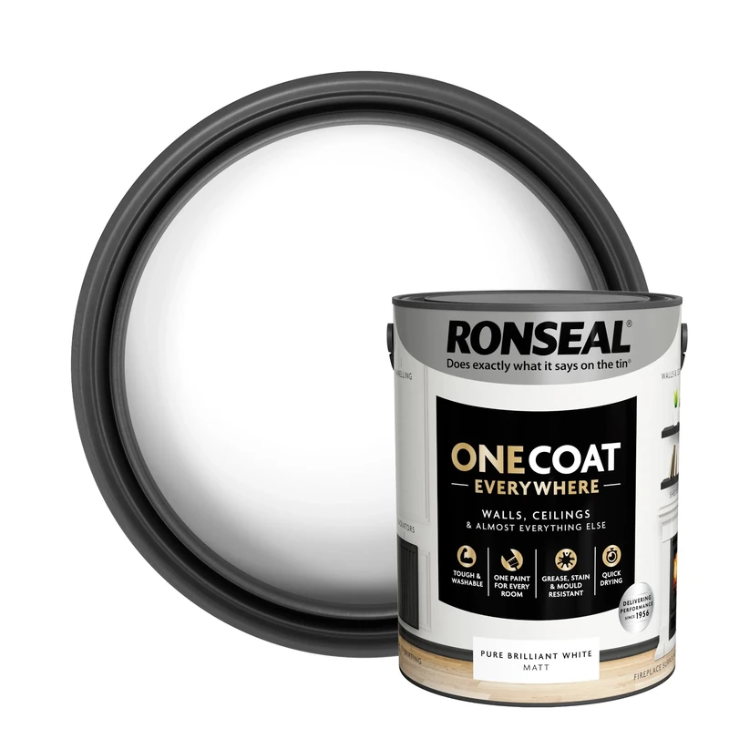 Ronseal One Coat Everywhere Paint Pure Brilliant White Matt 5L – Durable Interior Paint for Walls & Ceilings Smooth Finish Quick Coverage Ideal for Easy Home Projects