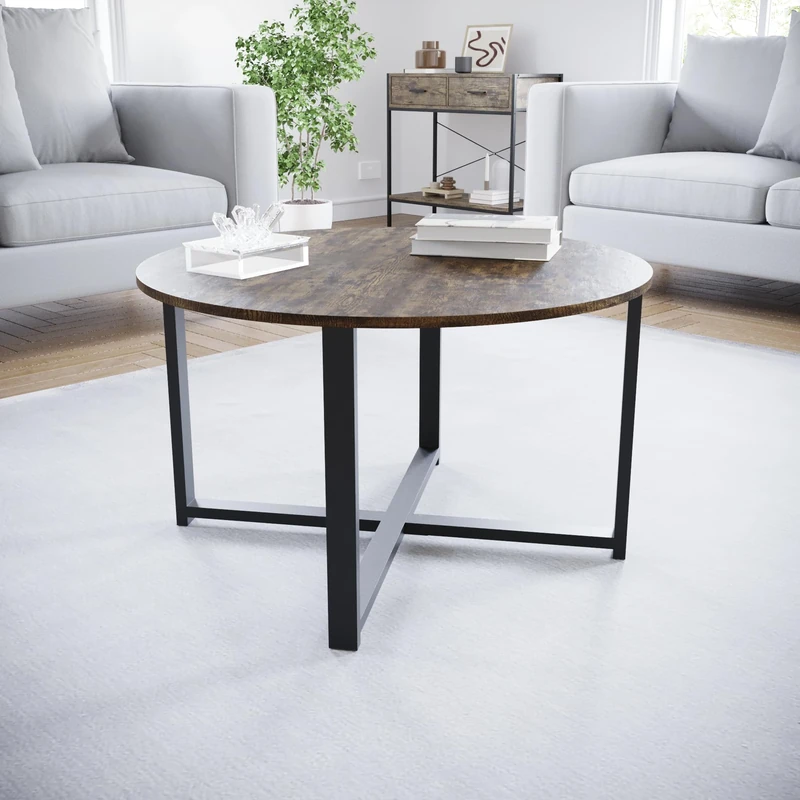 Vida Designs Brooklyn Round Coffee Table for Living Room with Metal Legs (Dark wood)