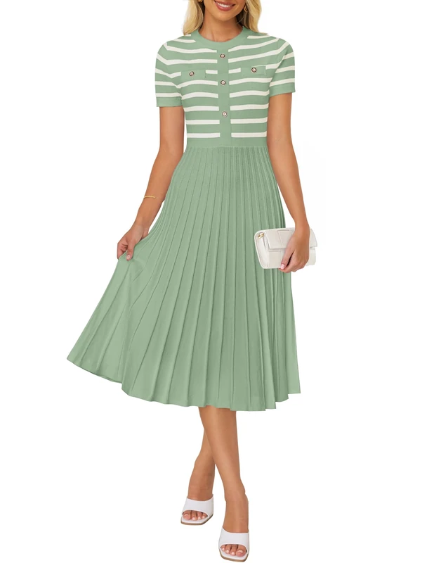 ZESICA Women's 2025 Casual Striped Midi Dress Crewneck Short Sleeve Button Ribbed Knit Swing Pleated A Line Dresses, Light Green, S