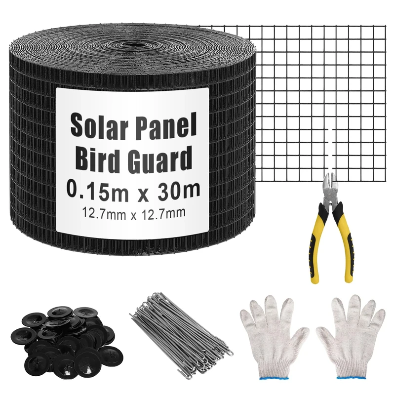 Gekufa Solar Panel Bird Mesh Kit 6in*100ft Bird Deterrent PVC Wire, Bird Guard for Solar Panel Proofing to Prevent Pigeons Nesting Under Roof with 70pcs Stainless Steel Fasteners, Gloves