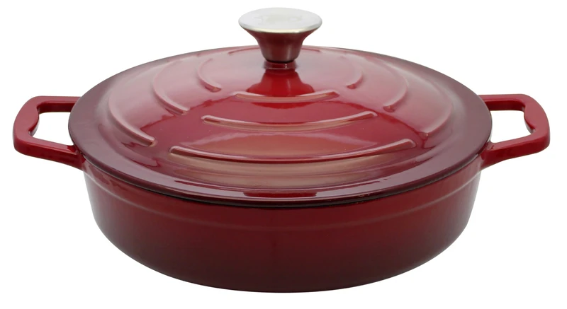 Elo 3082826 Low Enamelled Cast Iron Casserole Non-Stick with Lid, Cherry Red, Oven Safe, All Heat Source, Induction Stew Pot 28 cm 3L