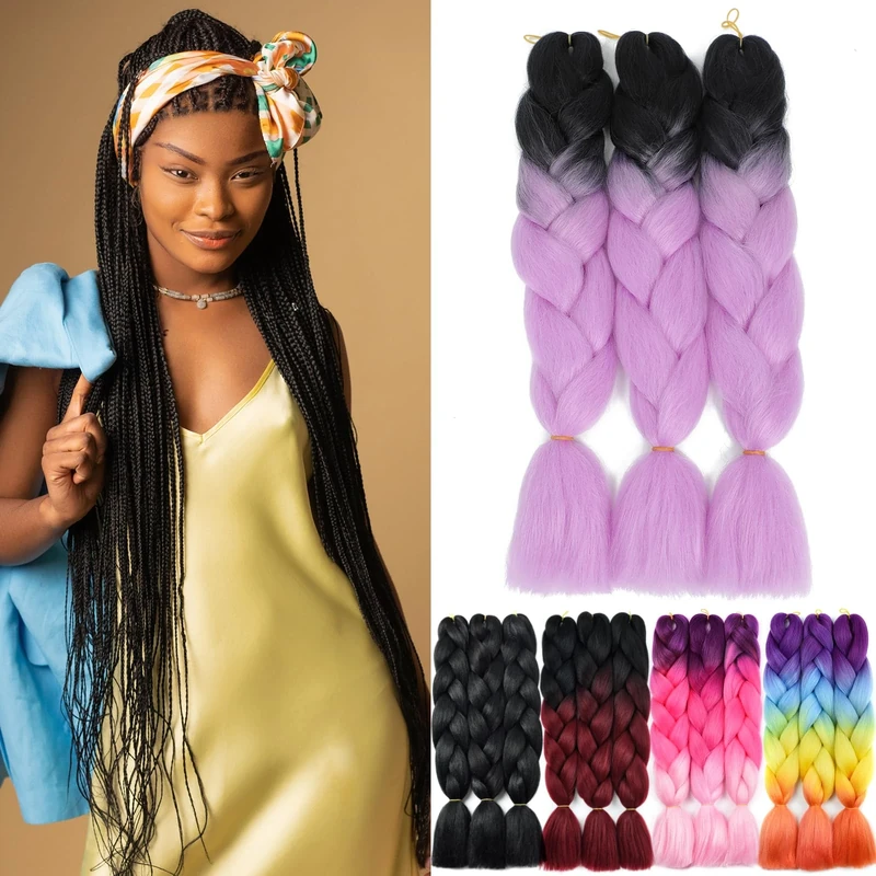 Yamel Ombre Braiding Hair Kanekalon Braiding Hair Synthetic Hair Extensions for Braiding Crochet Twist Box Braids 24 Inch 2 Tone Black to Bright Purple 3 Packs
