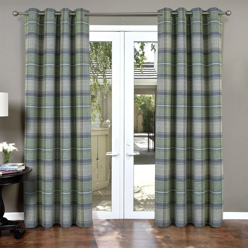 always4u 100% Blackout Woolen Look Plaid Curtains Modern Window Panels Green Checkered Tartan Curtains for Living Room Bedroom 2 Panels Green 45 * 84 Inches