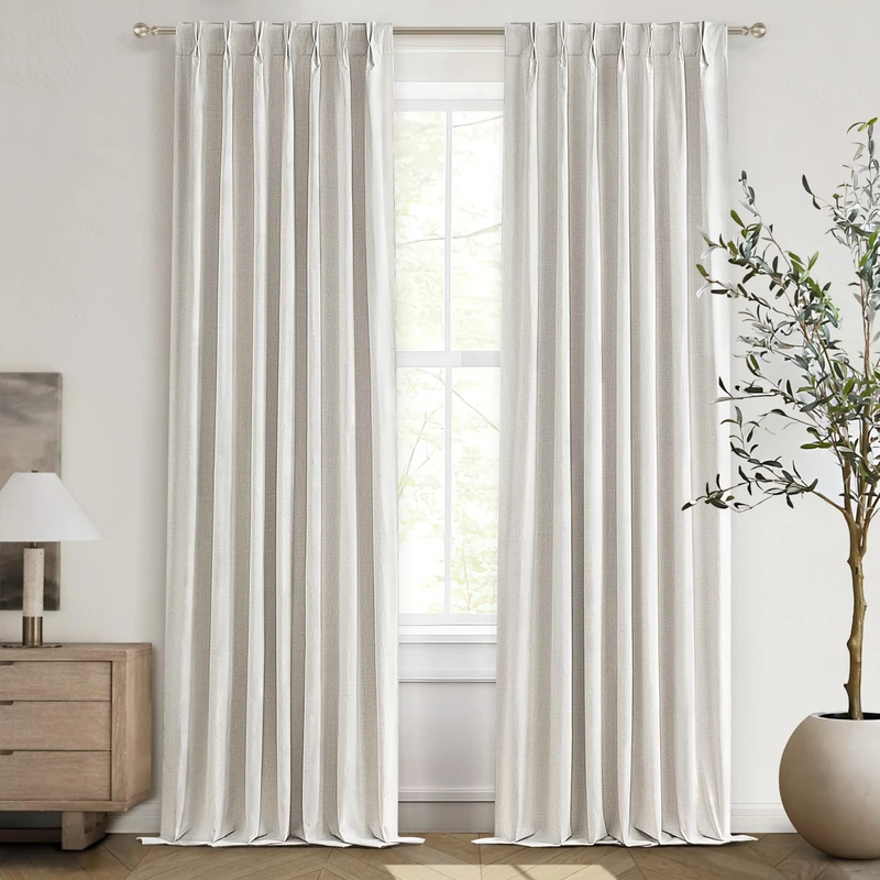 QJmydeco Beige Linen Blackout Curtains 96 Inches Long, Pinch Pleated Elegant Thermal 8ft for Living Room Sliding Glass Door Burg Floor to Ceiling Track Window Drapes Heathered 2 Panels