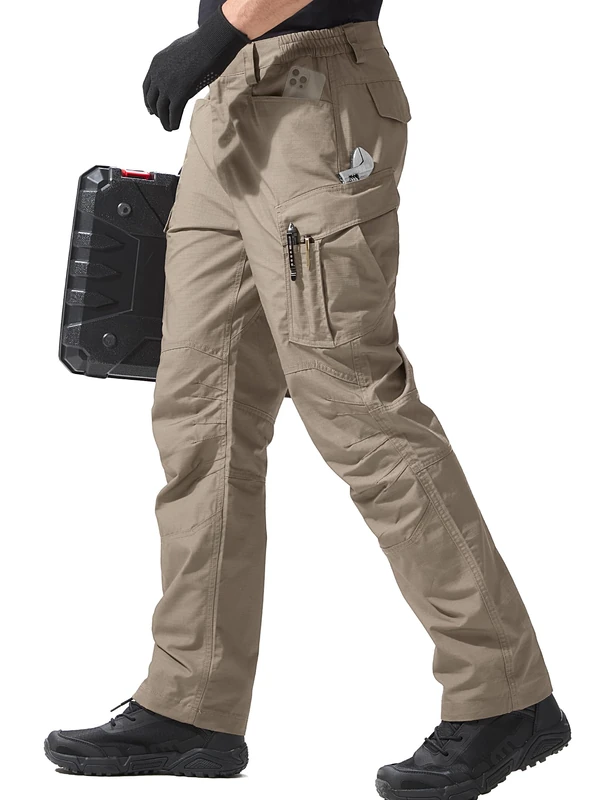 FREE SOLDIER Work Trousers Men's Cargo Trousers Men's Relaxed Fit Tactical for Outdoor Mountaineering Trousers with Multiple Pockets, Khaki, 36