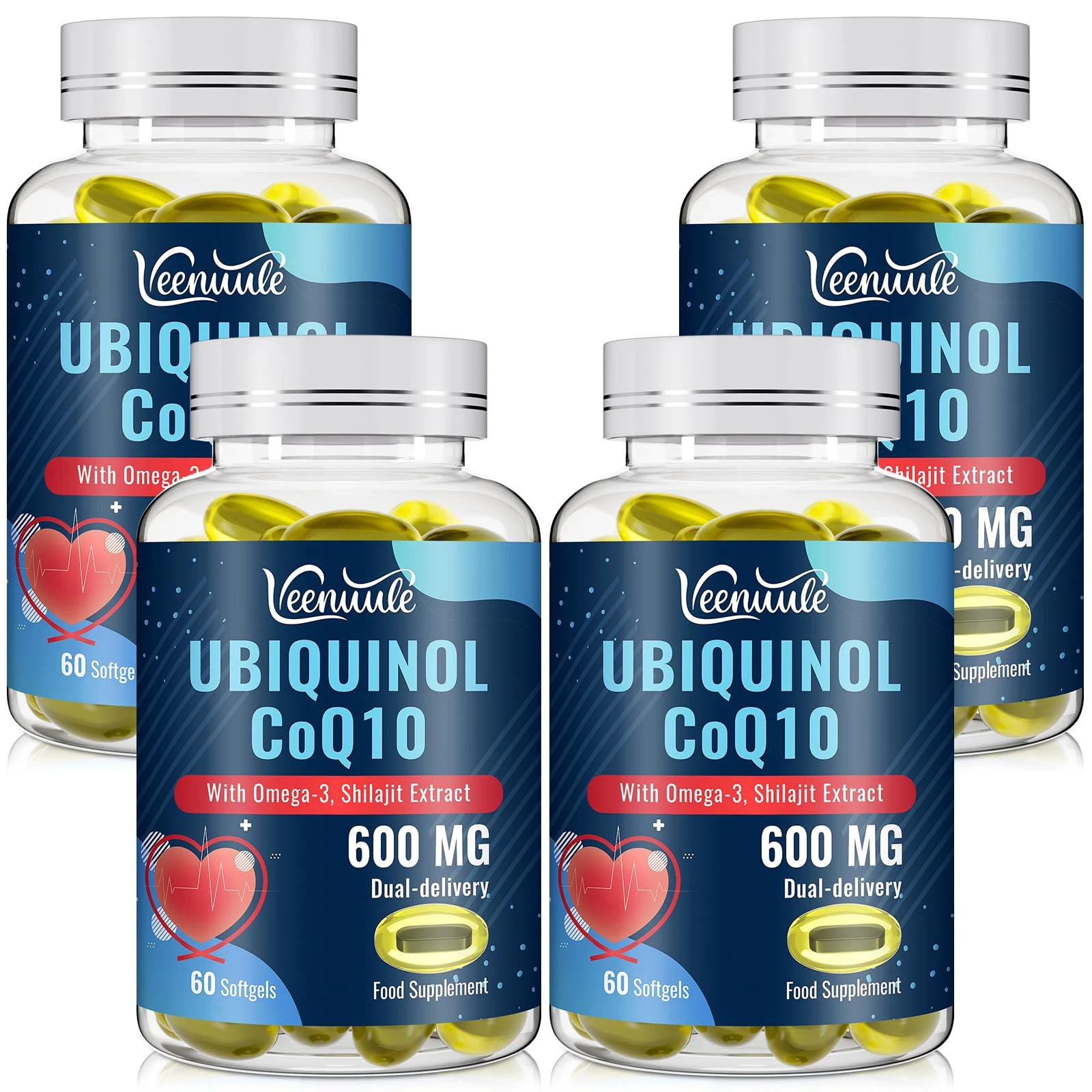 Ubiquinol CoQ10 600mg Softgels with Shilajit Extract 300mg, Omega-3 150mg - Dual-delivery System - Enhanced Absorption for Maximum Active CoQ10 Utilization (60 Count, Pack of 4)