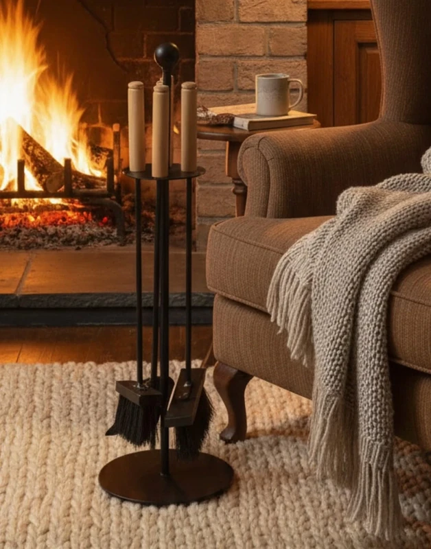 Log-Barn 4 Piece Arc Fire Companion Set, Cast Iron Modern Fireside Fireplace Tools, Black with Wooden Handles