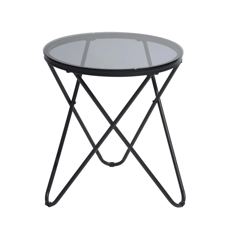 39F FURNITURE DREAM Round Metal and Tempered Glass Coffee, Scandinavian Bedside Table for Living Room, Grey, 45x45x50cm