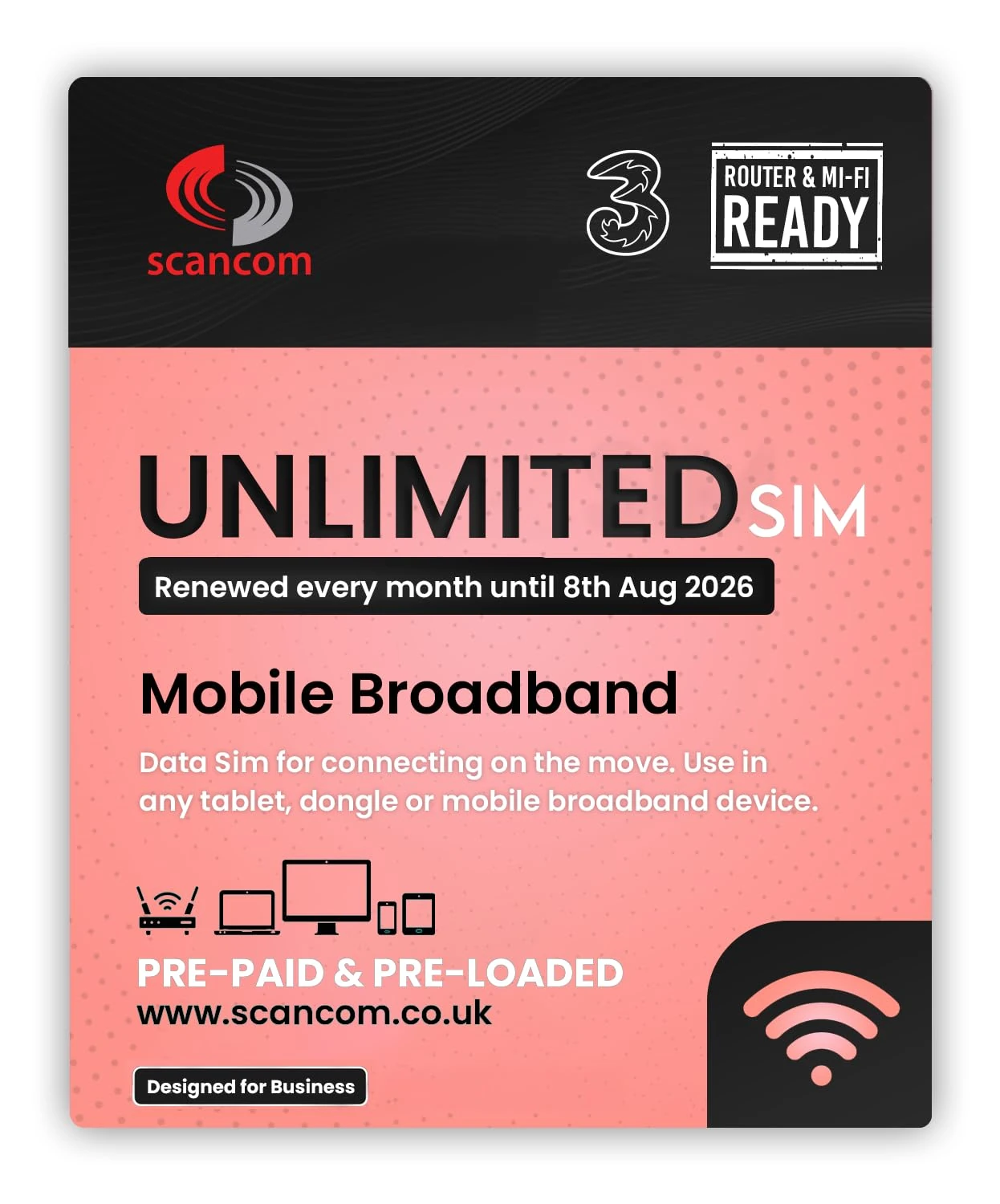 Three Unlimited Data SIM - Uncapped 5G - Preloaded MONTHLY Until August 2026 - Plug & Play for Routers & Phones - Access to Three & Vodafone - Connects to the Strongest Signal available