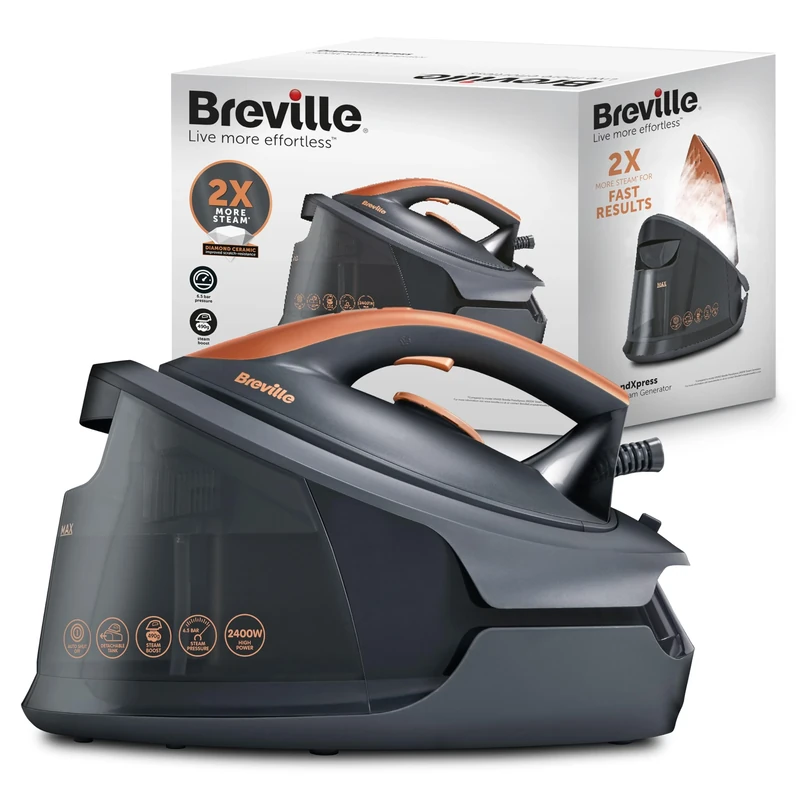 Breville DiamondXpress Steam Generator Iron | 2400 W | 160g/min Continuous Steam | 490g/min Steam Boost | Diamond Ceramic Soleplate | Detachable 1.5 L Water Tank | Grey & Rose Gold [VIN445]
