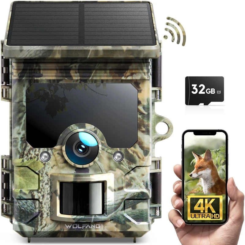 WOLFANG Solar Wildlife Camera 4K 30fps, WiFi Bluetooth Trail Camera with 120° Night Vision Motion Activated 0.1s Trigger Time IP66 Waterproof Game Camera for Wildlife Monitoring with Micro SD Card