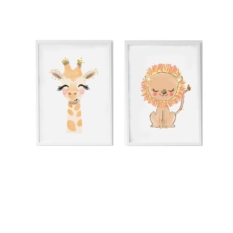 Crochetts Set of 2 Lion and Giraffe Paintings - 33x43 cm