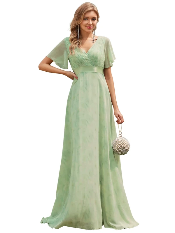 Ever-Pretty Women's Double V-Neck Short Flutter Sleeves Empire Waist Elegant Chiffon Long Evening Dresses Light Green Roses 8UK