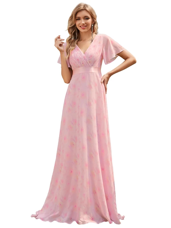 Ever-Pretty Women's Double V-Neck Short Flutter Sleeves Empire Waist Elegant Chiffon Long Evening Dresses Light Purple Roses 22UK