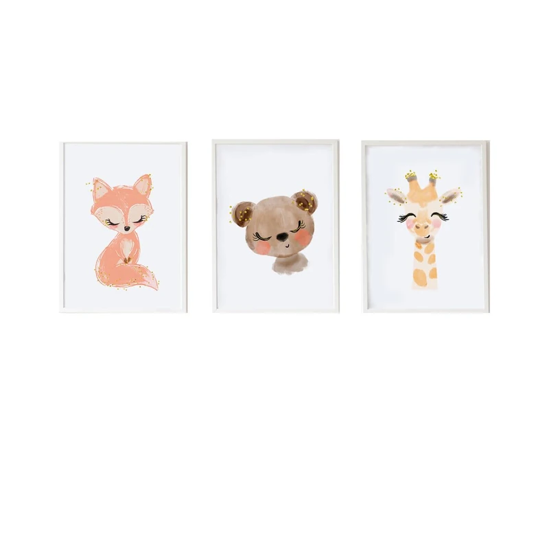 Crochetts Set of 3 Paintings 33 x 43 x 2 cm Bear Giraffe Fox 3 Pieces