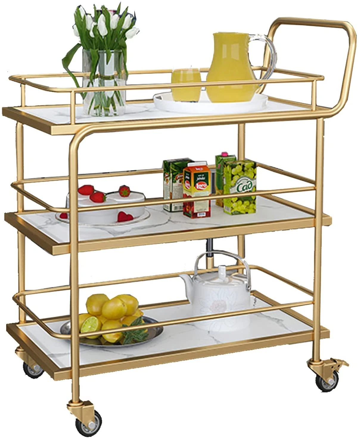 ZJGFCB Drinks Trolley Gold Bar Cart on Wheels 2/3-Tier Serving Bar Trolley With Lockable Casters Kitchen Living Room Storage Cart,Multi-Purpose Rack Wood& Metal Material