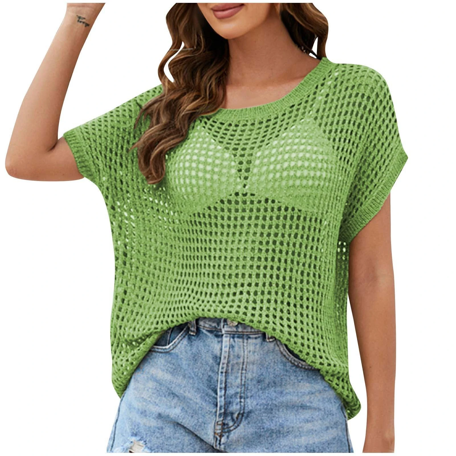 Women Summer Crochet Hollow Out Knit Top Beach Cover up Short Sleeve Knit Pullover Crochet Jumper Bikini Cover up Swimsuit Swimwear Bikini Swimsuit Bathing Suit Sarongs Beachwear Green