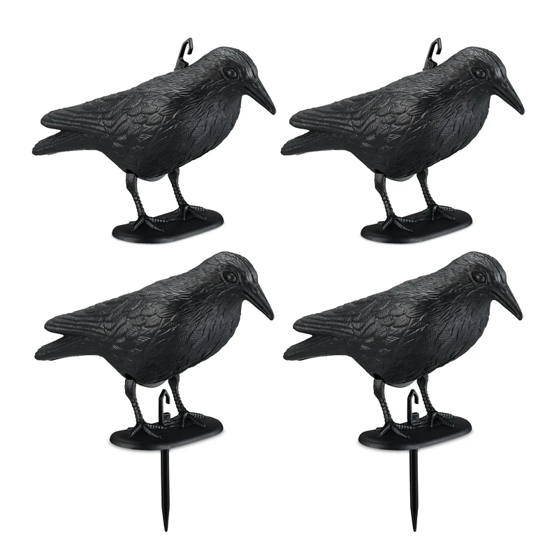 Relaxdays Bird Deterrent, Set of 4, for Standing & Hanging, Plastic Crow, for Pigeon Defence, in Garden & Balcony, Black, 19 x 13 x 29 cm