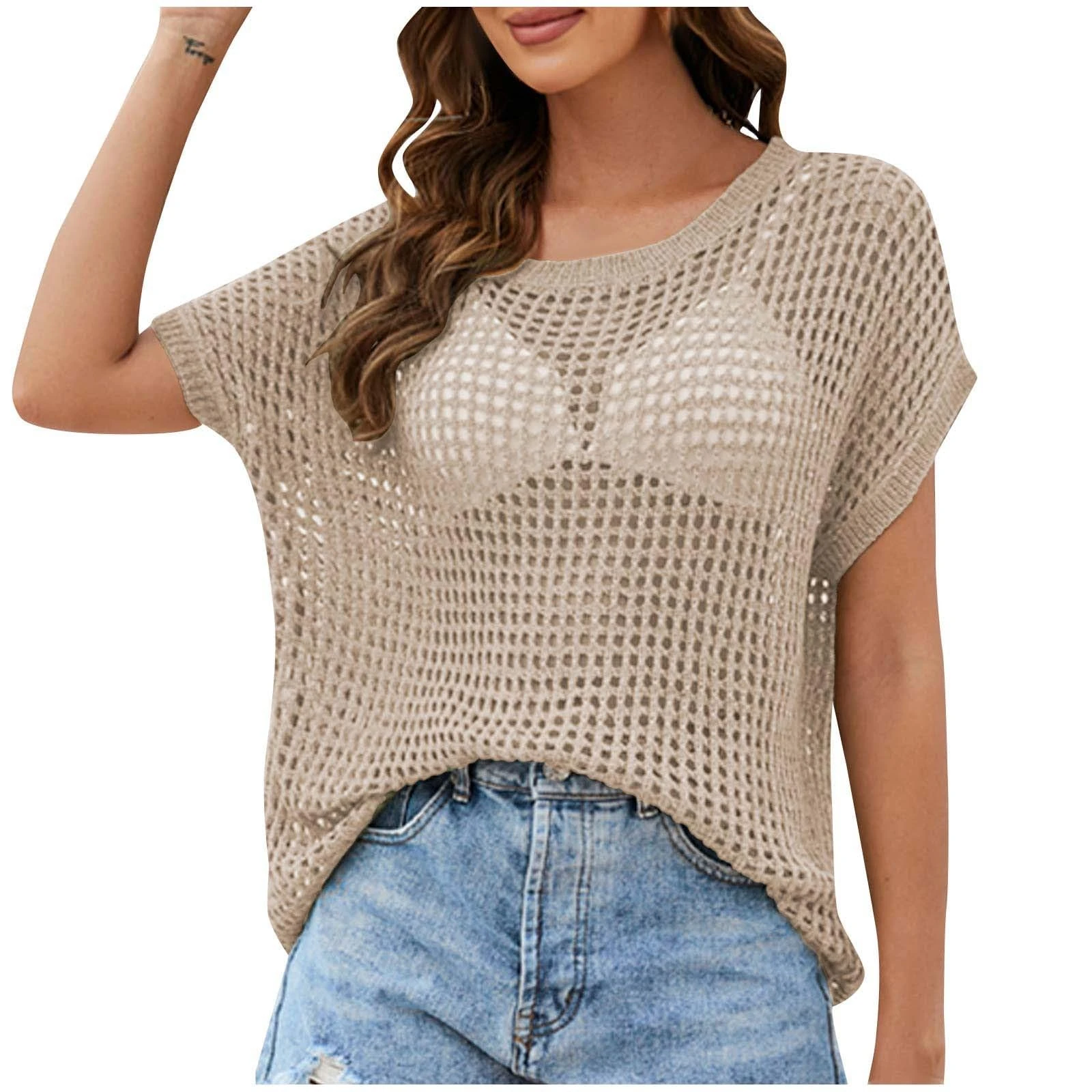 Women Summer Crochet Hollow Out Knit Top Beach Cover up Short Sleeve Knit Pullover Crochet Jumper Bikini Cover up Swimsuit Swimwear Bikini Swimsuit Bathing Suit Sarongs Beachwear Khaki